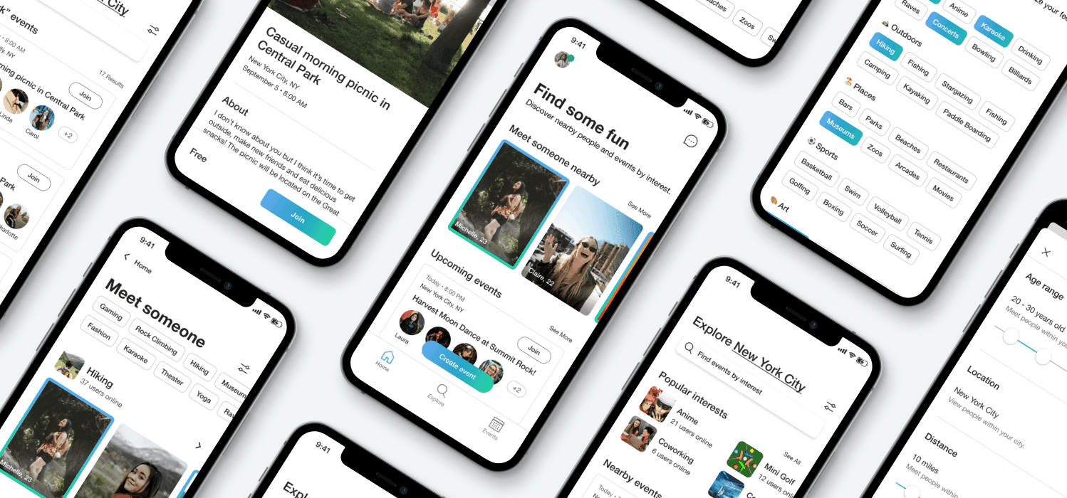 A composite of Init app screens: an event detail page, a discover-people feed with nearby matches, an interest picker organized by category, and an age-range filter.