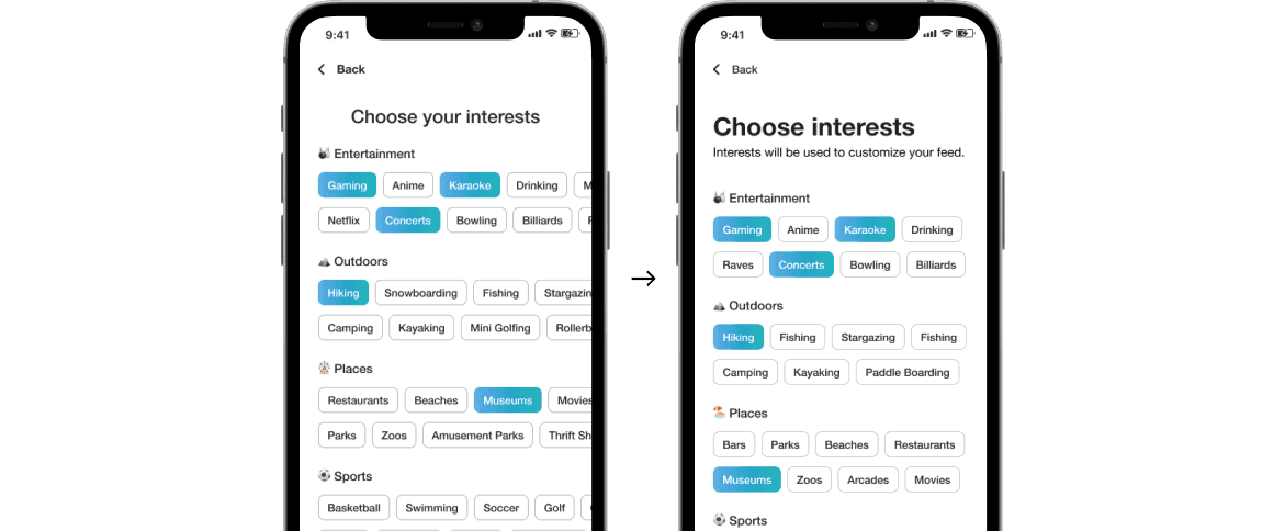 The final 'choosing interests' screen, organized by category with fewer horizontal scroll sections than the earlier version.