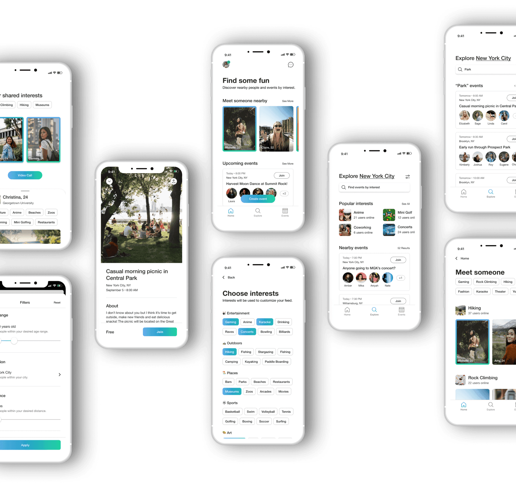 Grid of high-fidelity Init screens across the full flow: home, say hi, interest selection, filters, and chat.