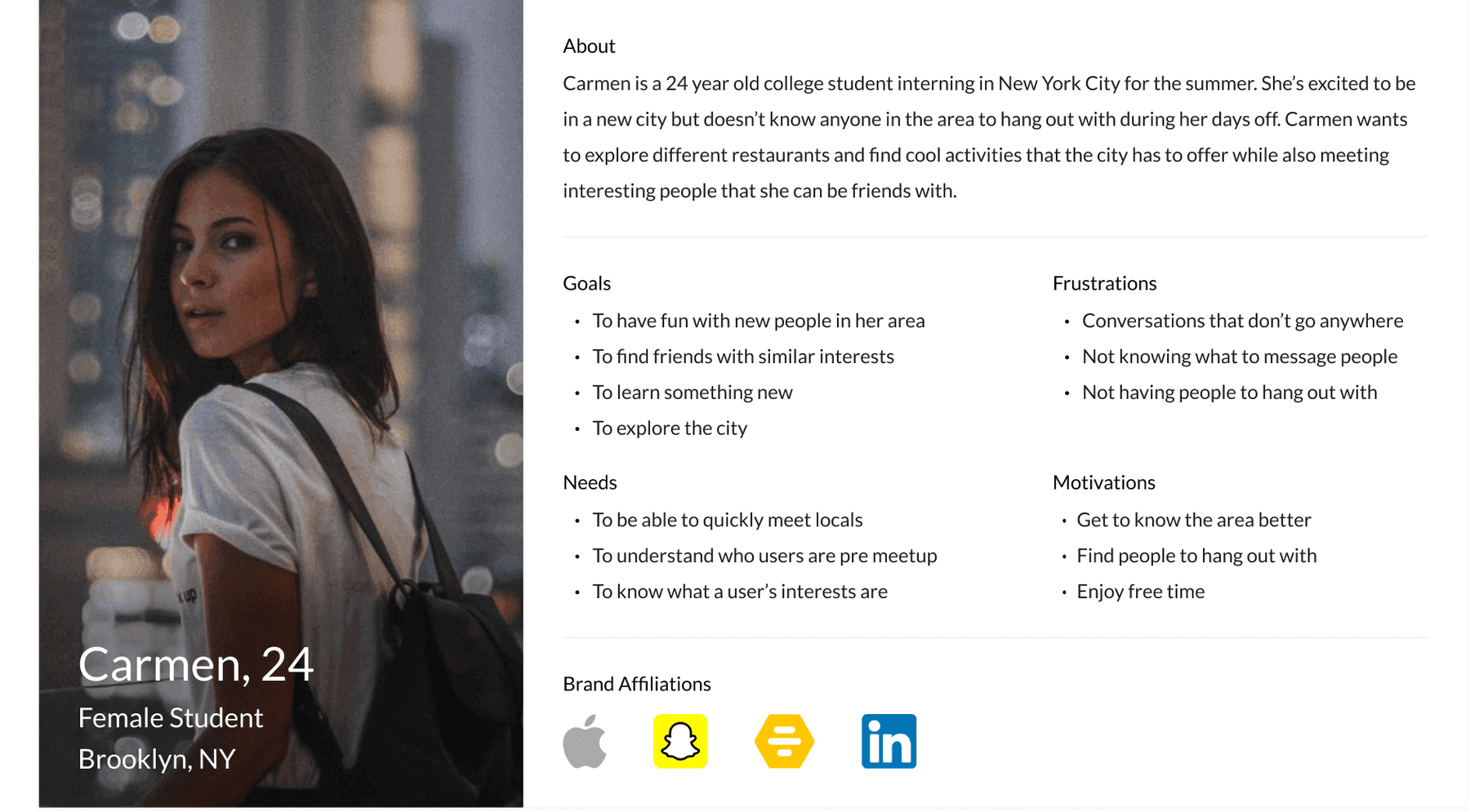 Persona document for Carmen, 24, a female student in Brooklyn NY: her goals, frustrations, needs, and motivations, plus the apps she already uses.