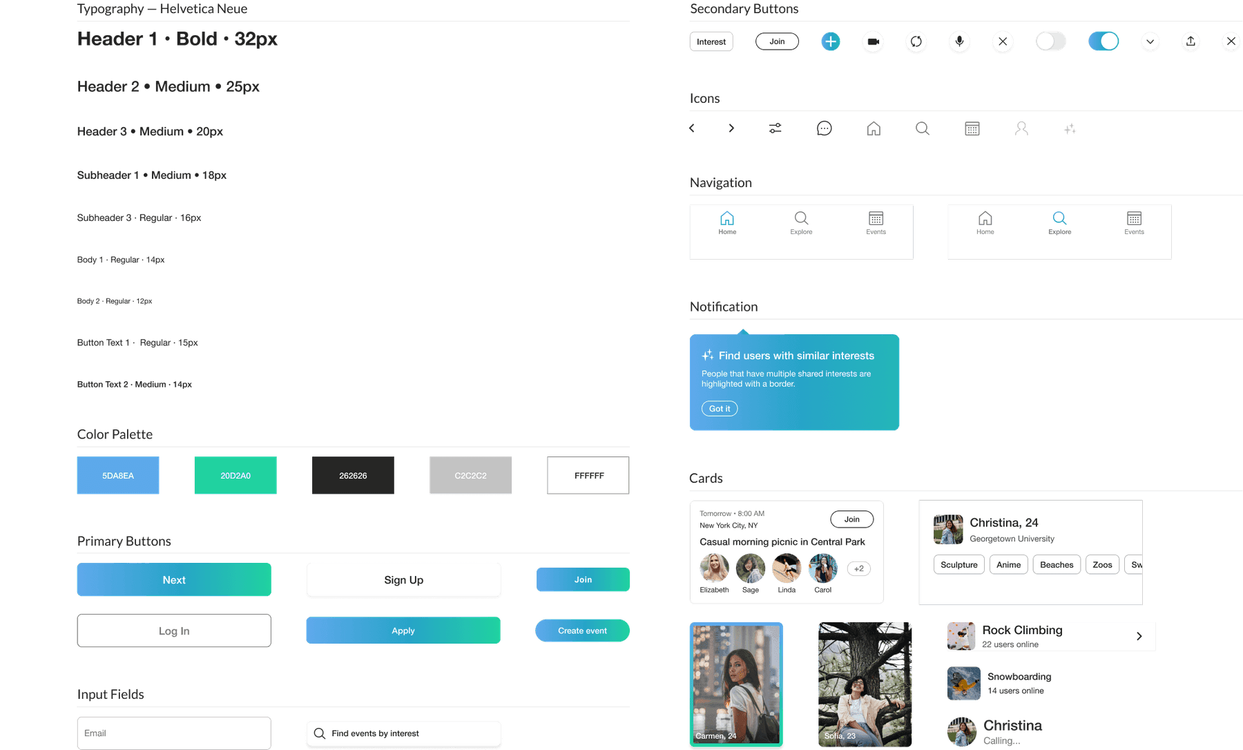 Init's UI kit: color palette, typography scale, buttons, and card components.