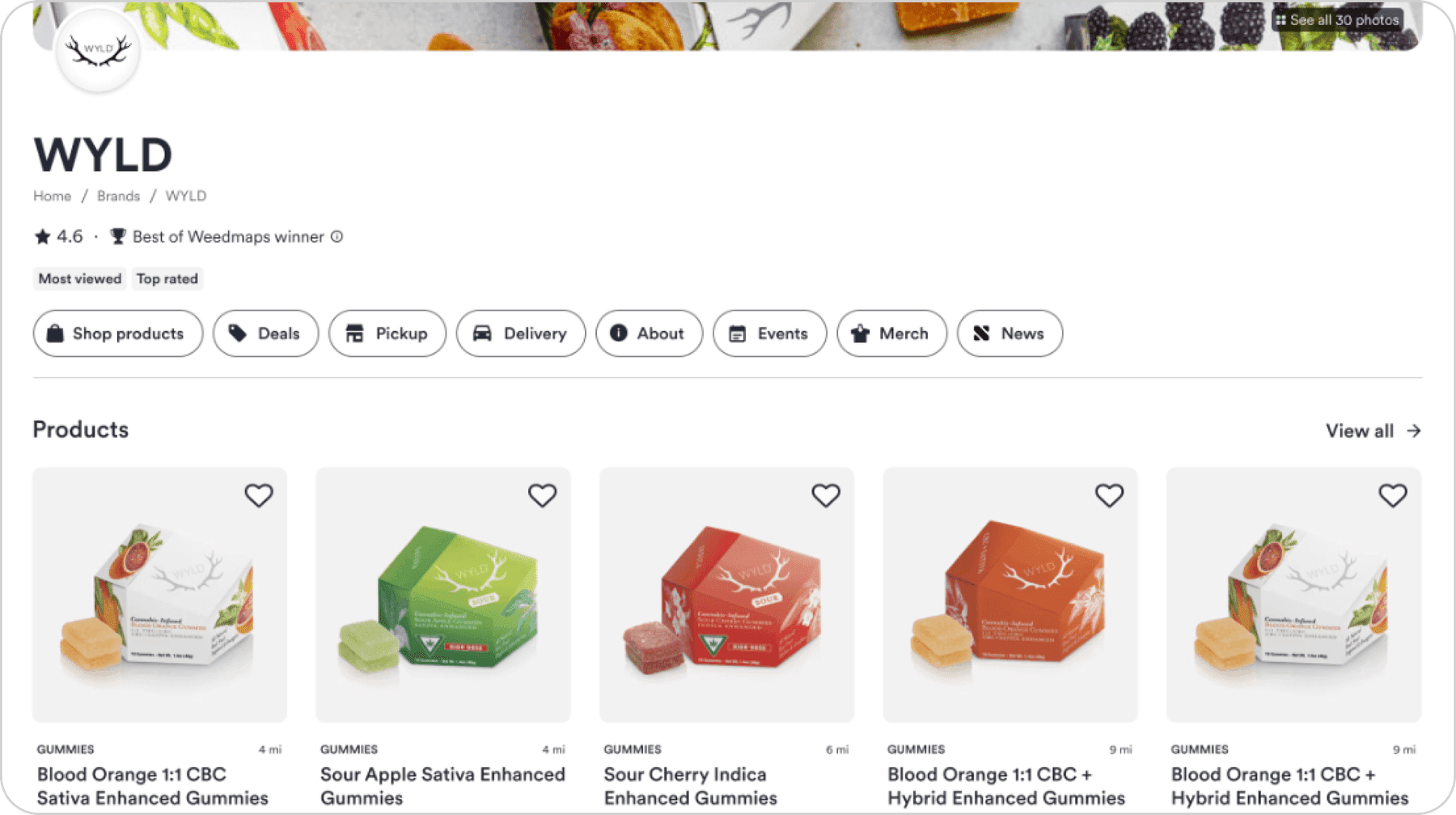 Desktop WYLD brand page on Weedmaps: product grid, profile header, and quick-action tabs consolidated onto one indexed page.