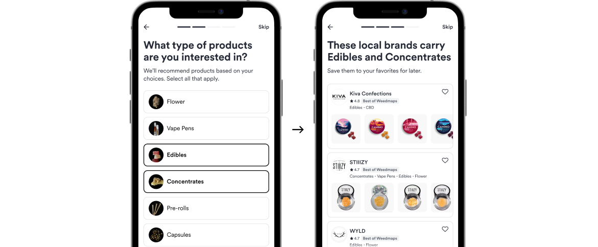 Two onboarding screens: a product-type preference question, then a results screen recommending local brands that carry the selected products.